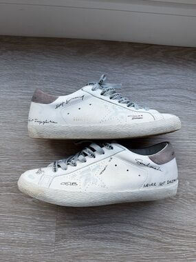 Golden Goose White Low-Top Sneakers with Gray Suede Heel Accents